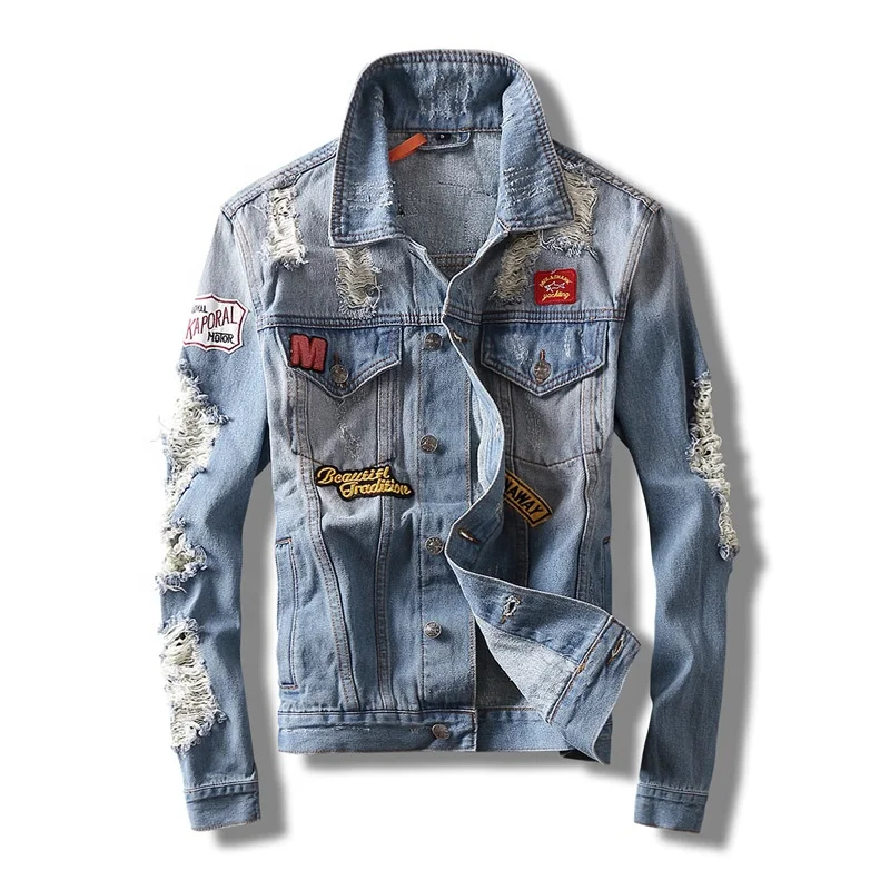 

Spring and autumn men's denim jacket ripped self-cultivation trend jean jacket