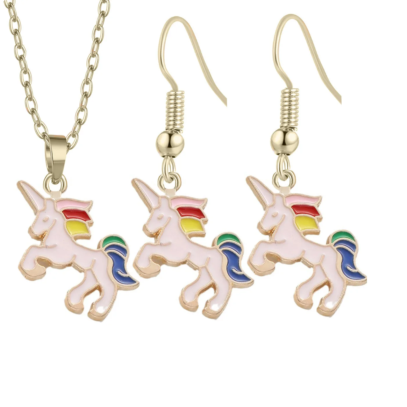 

Fashion Cartoon Lovely Alloy Oil Dripping Colorful Unicorn Earrings Necklace Pendant Charm Necklace Christmas Gift Jewelry Set