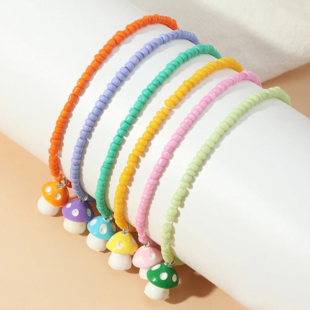 

Bohemian Colorful Glass Seed Beads Elastic Bracelet Cute Mushroom Charm Pendant Bracelet Set For Women And Girls