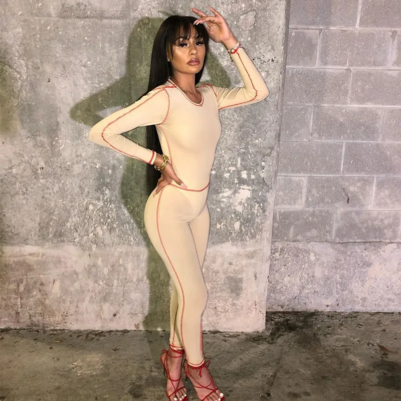 

Dropshipping Contrasting Lines Reverse Wear Long Sleeved One Piece Slim Fit Leggings Suit Two Piece Set Women