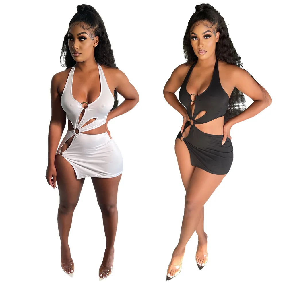 

Backless Hollow Out Woman Dresses Summer Sexy Bodycon Mini Dress Asymmetrical Low-cut Halter Club Dress, Black white