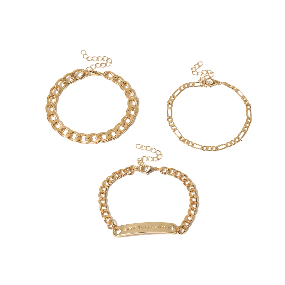 

3pcs/set personalized wild letter engraving gold alloy metal chain barbrcelet female metal simple hipster geometric bracelt set, As photo