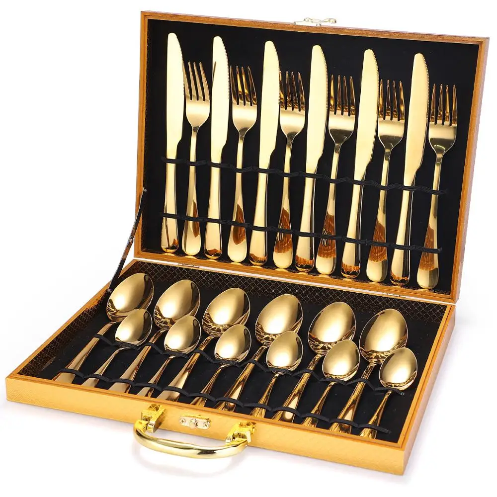 

24 Pcs Stainless Steel Silverware Gold Flatware Golden Spoon German Custom Cutlery Set, Sivler/rose gold/gold /black/multi color