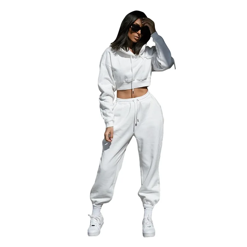 

SET2098 High Quality Cotton Women Hoodies Sweatsuit Set Solid Color Crop Top Women Two Piece Pants Set For Winter, As show