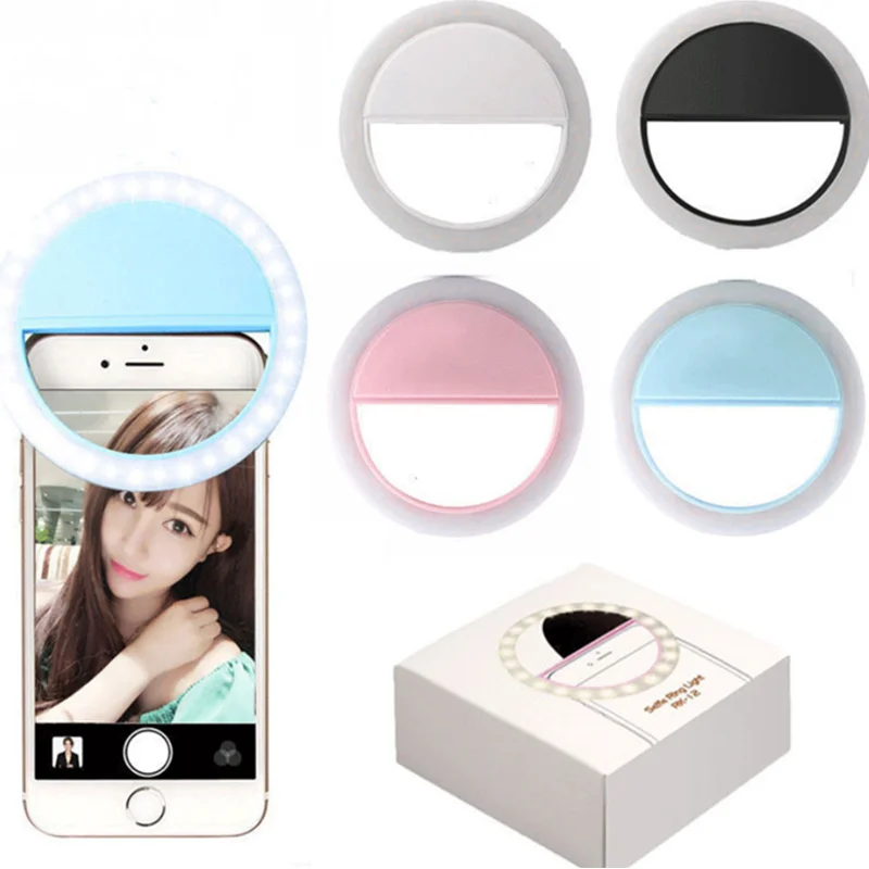 Standing Makeup Mirror With LED Lights Clip On Phone Auto Flash Smartphone Round Portable Selfie Flashlight Mini Mirror Vendors