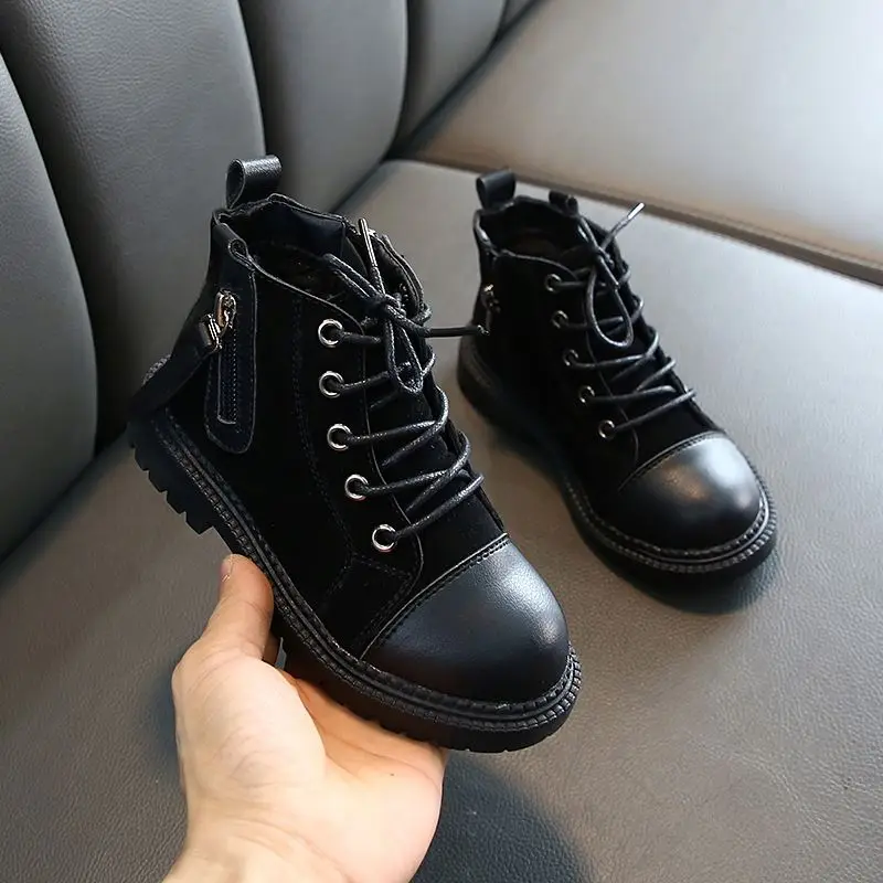 

Factory Wholesale rubber sole winter snow booties waterproof short ankle kids martin boots, Black/coffee