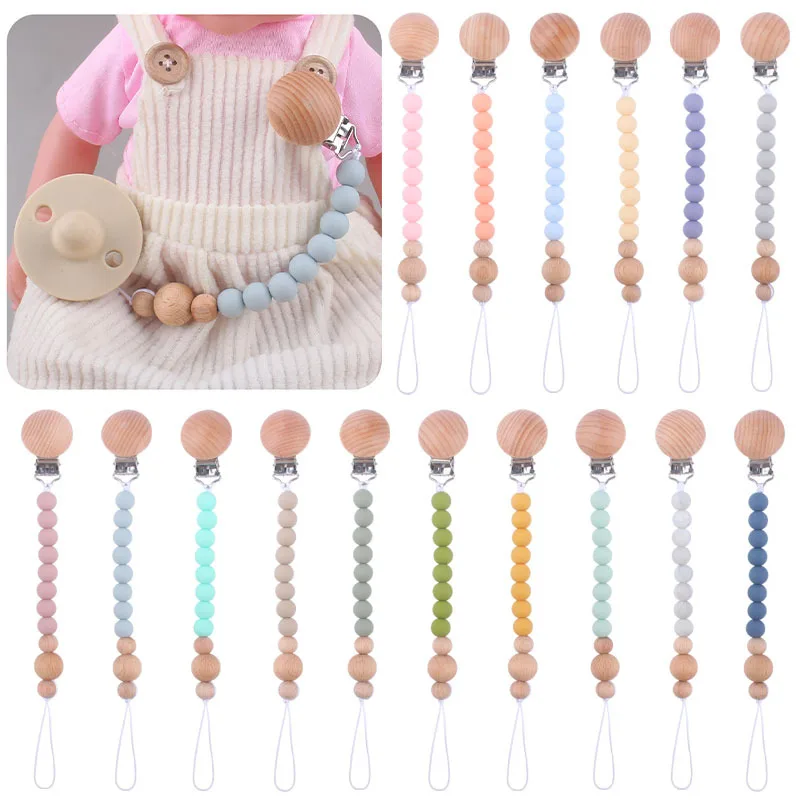 

Baby Pacifier Clips Silicone Beads Wooden Clip Pacifier Chain Infant Nipple Appease Soother Chain Dummy Holder Nipple Clip, Multi-colored