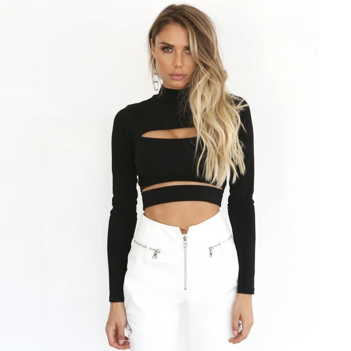 

High Collar And Long Sleeves Solid Color Wholesale Customized Women's T-shirts