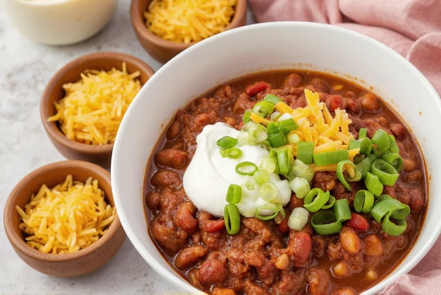 Finished crock pot chili served in bowls with various toppings including cheese, sour cream, and green onions