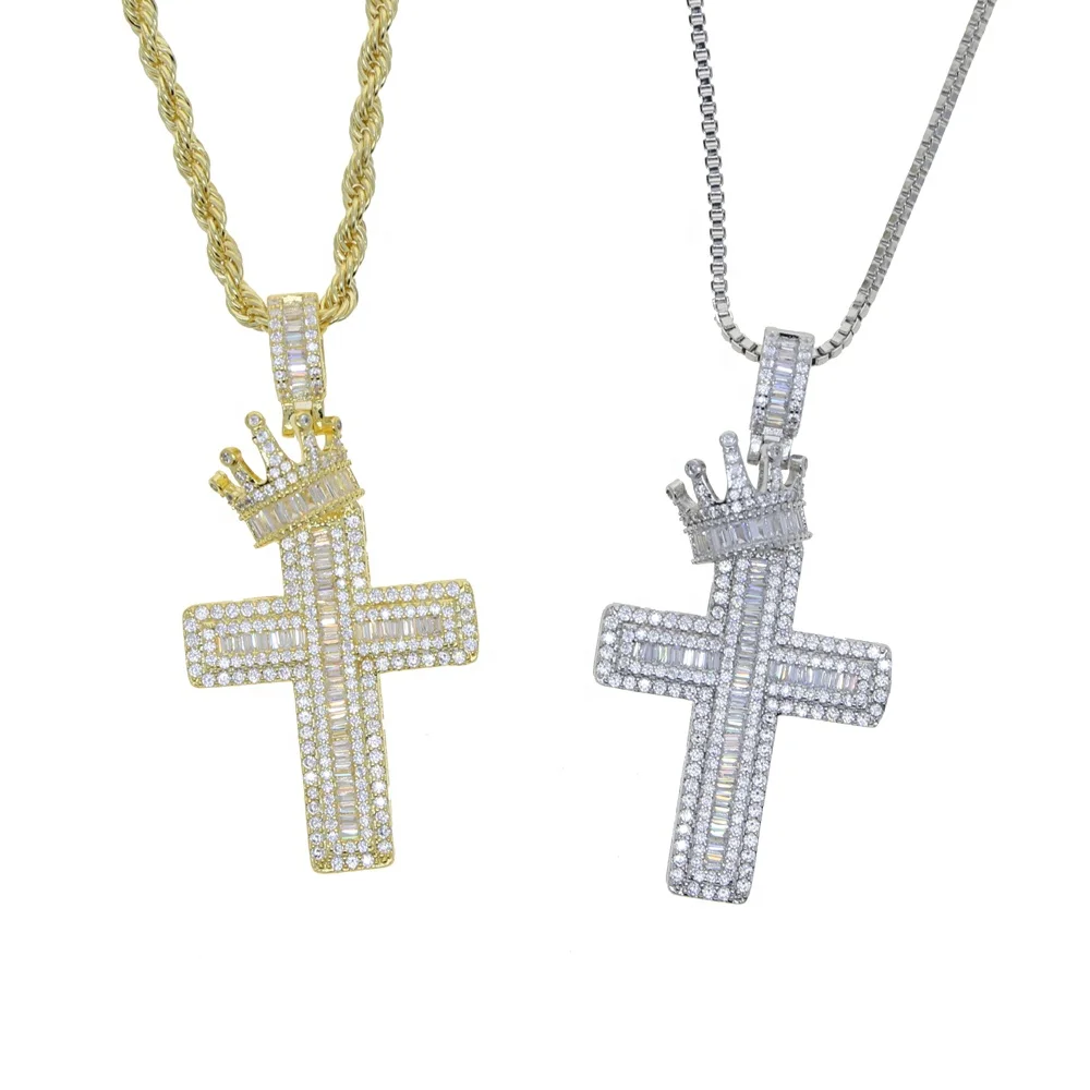 

iced out handmade hip hop men jewelry big 40mm cross charm pendant with rectangle cz paved crown cross necklace punk jewelry, As pic