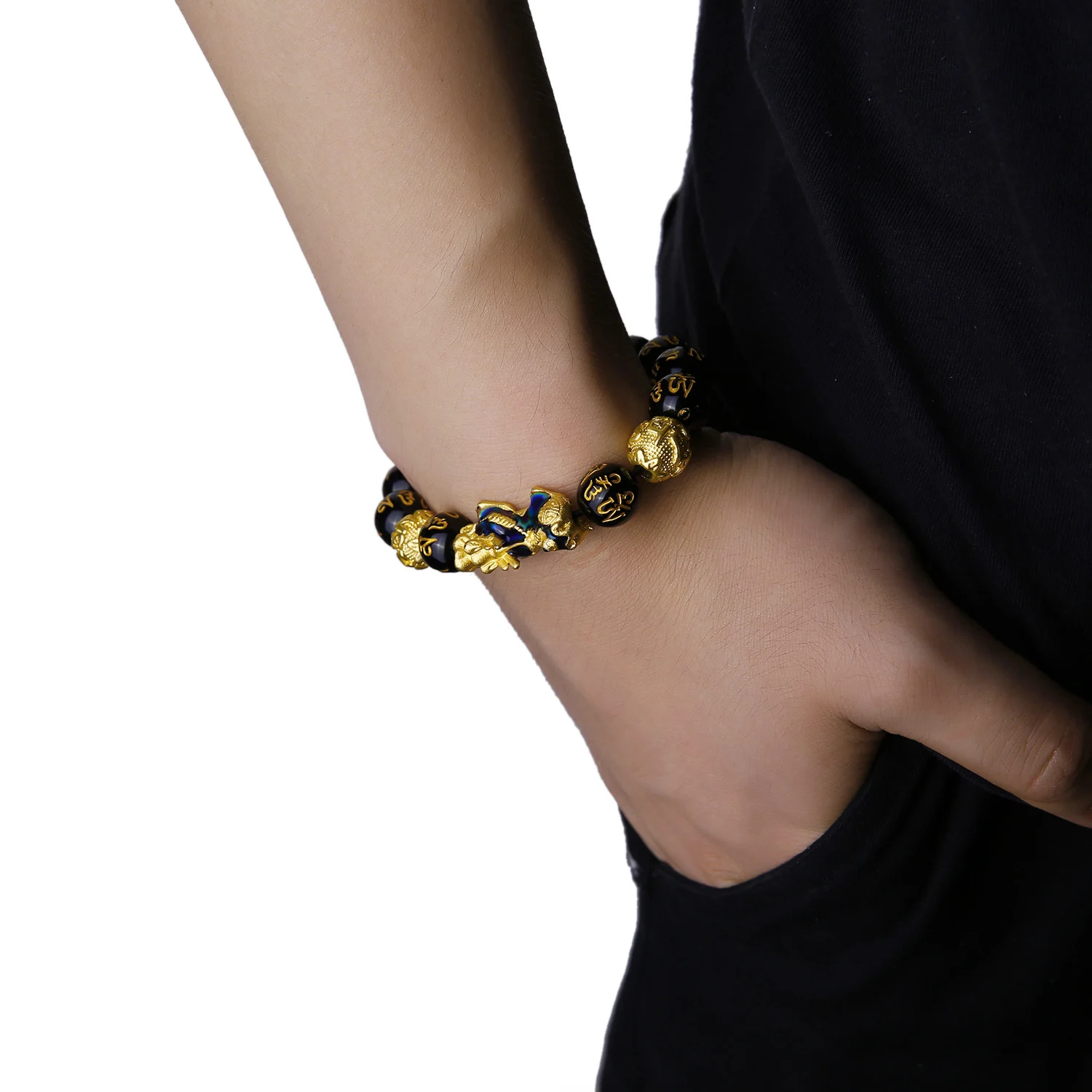 

Fashionable Style Black Natural Stone Pixiu Obsidian Bracelet Stone Beaded Bracelet Good Luck Bracelet, Picture shows