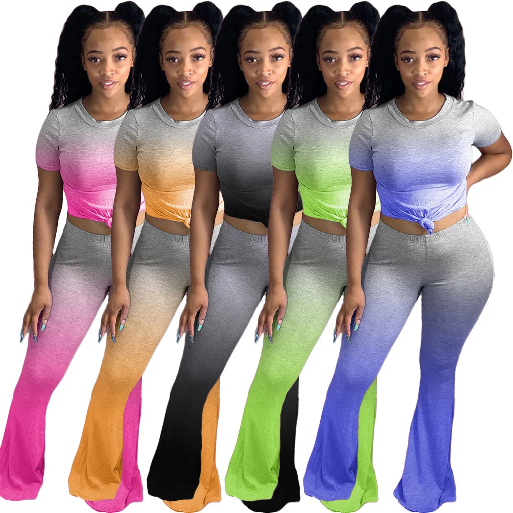 

F40488A hot fashion sexy gradient bell-bottom trouser short sleeves women's suits two piece pants set, As picture