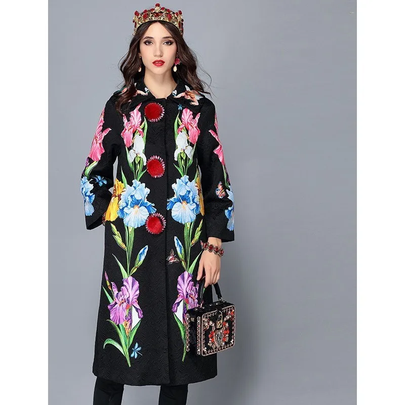 

LD LINDA DELLA 2018 New Autumn Winter Coats female Women's Flower Floral Jacquard Vintage Warm Long Coat Outerwear overcoat