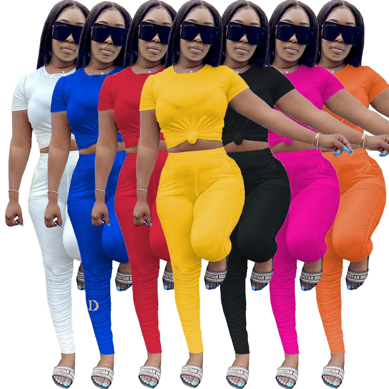 

2021 Trendy Ladies Clothing Crop Top With Knitted Pants Two Piece Sets Women, White, red, blue, yellow,black,pink,orange