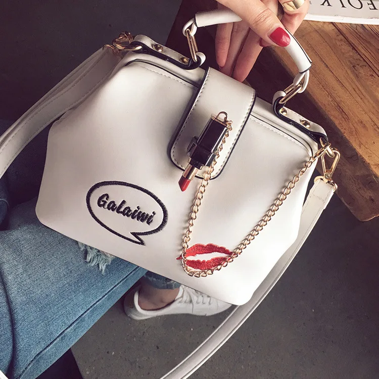 

2021 new simple wild shoulder bag for women embroidered lipstick doctor bag handbag sweet cute lady handbag, White/pink/black