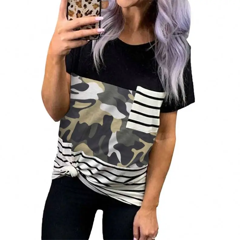 

2021 Fashion Summer Striped Camo Pocket Short Sleeve O Neck Casual T Shirt Women