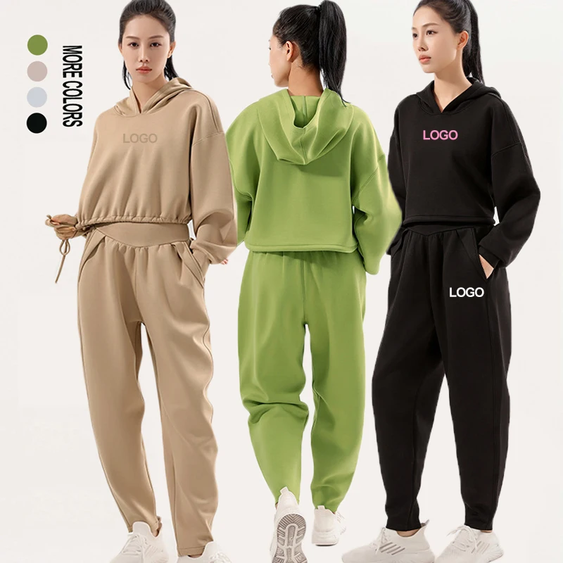 

2023 Custom Women Casual Fitness Crop Hoodie Tracksuits Two Piece Sweatpants And Hoodie Set for Winter