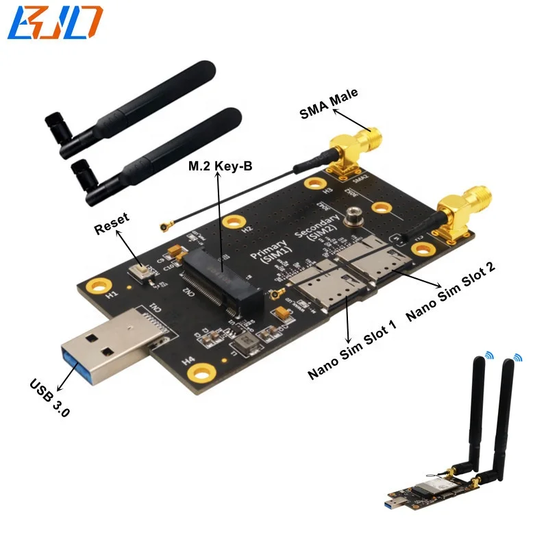 

5G 4G Modem NGFF M.2 B-Key Key-B to USB 3.0 USB3.0 Adapter Riser Card with 2 Nano SIM Slot & Antenna, Black