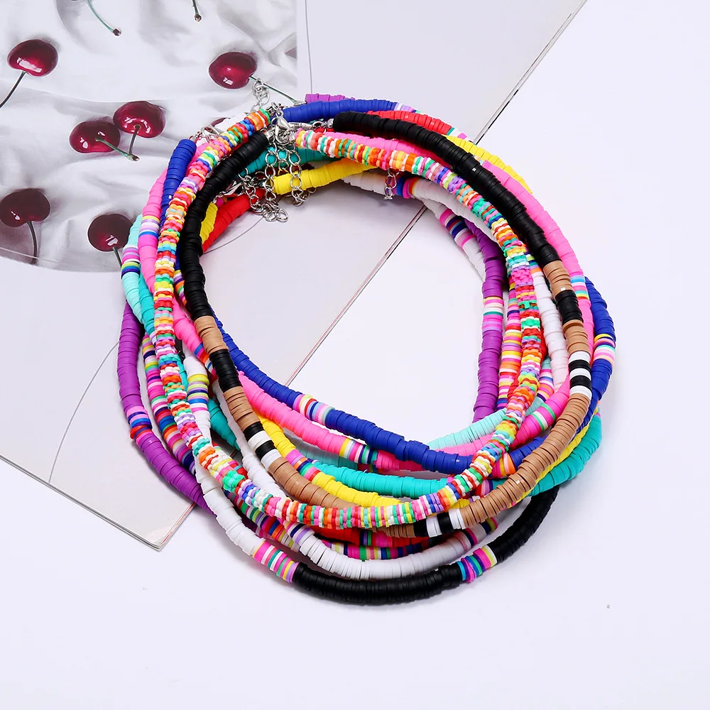 

European USA Hot Sale Unique Bohemian Boho Rainbow Soft Ceramic Clavicle Necklace 6mm Colorful Soft Polymer Clay Necklace, Picture