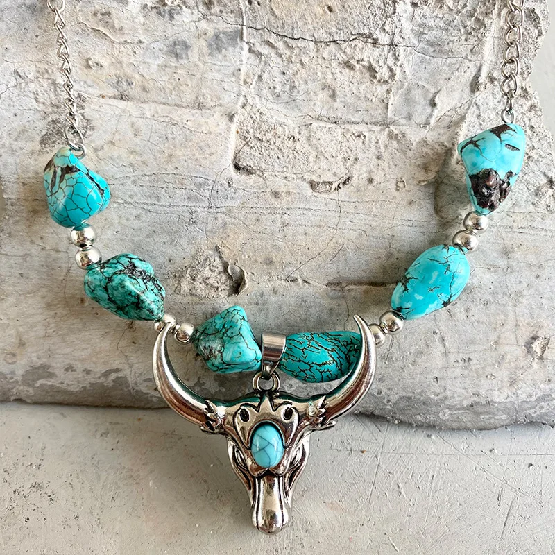 

Pumpkin Flower Western Cowboy Necklace Indian Tribe Turquoise Stone Bull Head Cross Pendant Necklace Bohemia Jewelry, Antique sliver