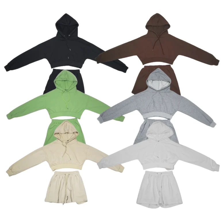 

Wholesale Custom Cotton Solid Two Piece Crop Hoodie And Shorts Sets For Women, Picture