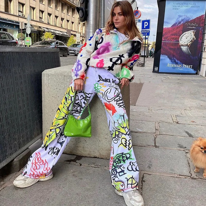 

High Quality Graphic Printing Casual Loose Women Flare Harem Pants For Fall 2021, Picture shown