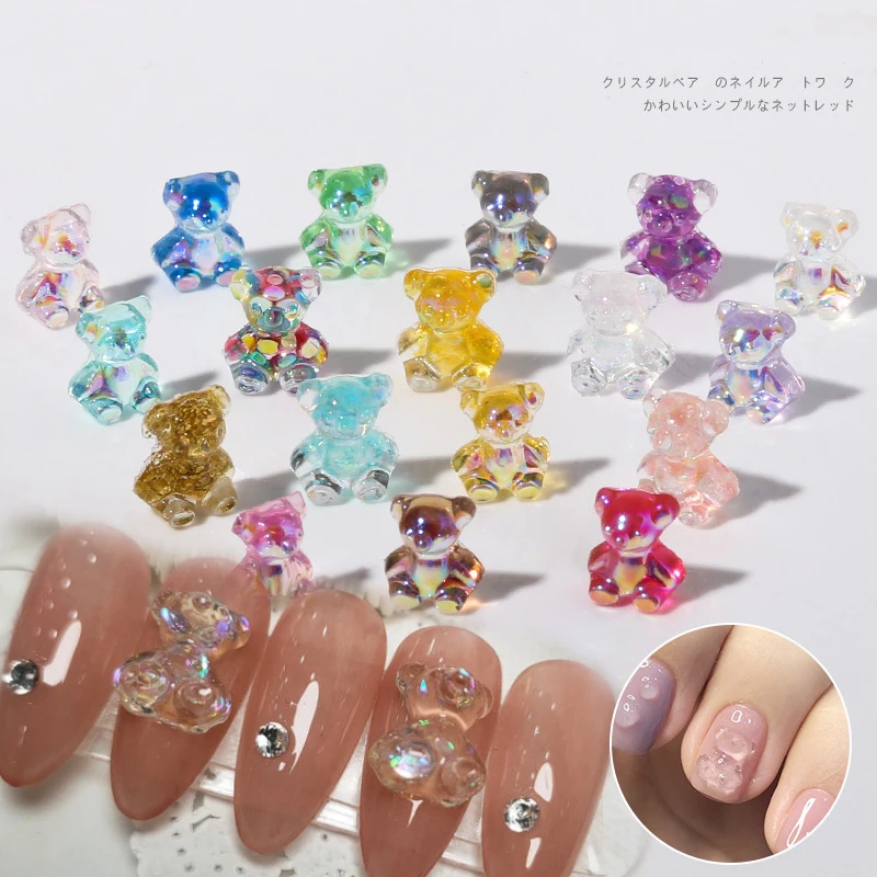 

3D wholesaler cute crystal silicone cartoon bear gummy colorful bear nail art decoration, As the picture shows