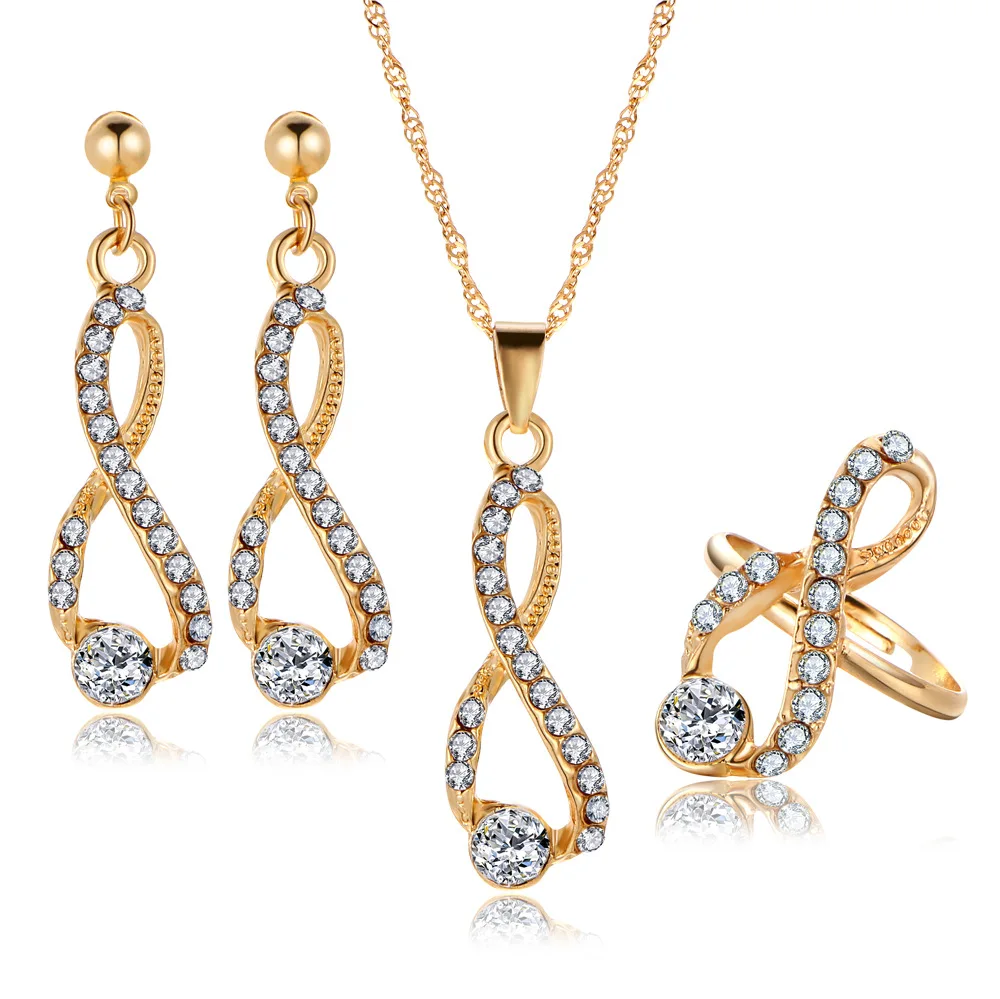 

Wedding necklace earrings ring gold jewelry sets for women gifts crystal shiny jewelry sets