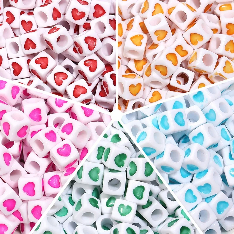 

new design 100pcs/pack acrylic square love beads Heart-shaped big hole acrylic beads for diy jewelry making