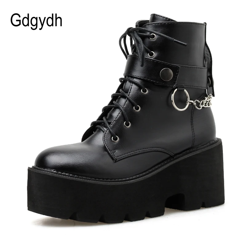 

Gdgydh New Sexy Chain Women Leather Autumn Boots Block Heel Gothic Black Punk Style Platform Shoes Female Footwear High Quality