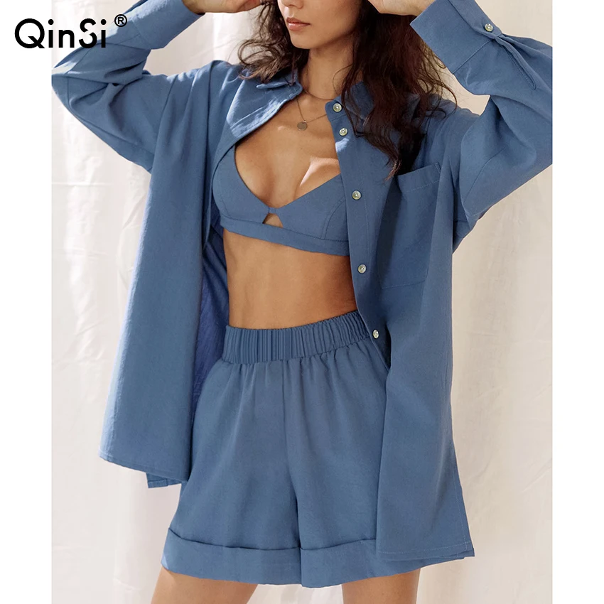 

QINSI Long Sleeves Set Woman 3 Pieces Nightwear Fashion 2023 Loose Sleepwear High Waist Home Suit Pocket Pajamas For Women Sets