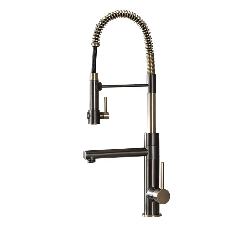 

Black Gold Solid Brass 2 Function Commercial Style Pre-Rinse Kitchen Faucet with Pull-Down Spring Spout and Pot Filler