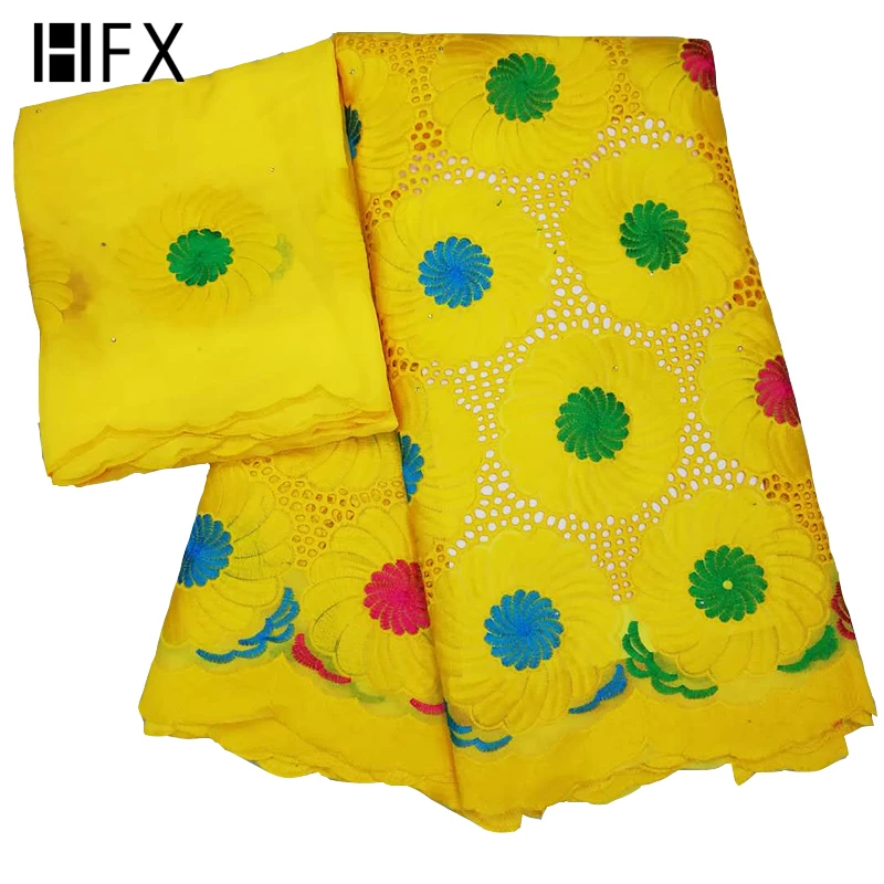 HFX Black Cotton Embroidery Nigeria Lace Yellow Wholesale 5+2 Yards African Swiss Voile Lace Fabric for Women