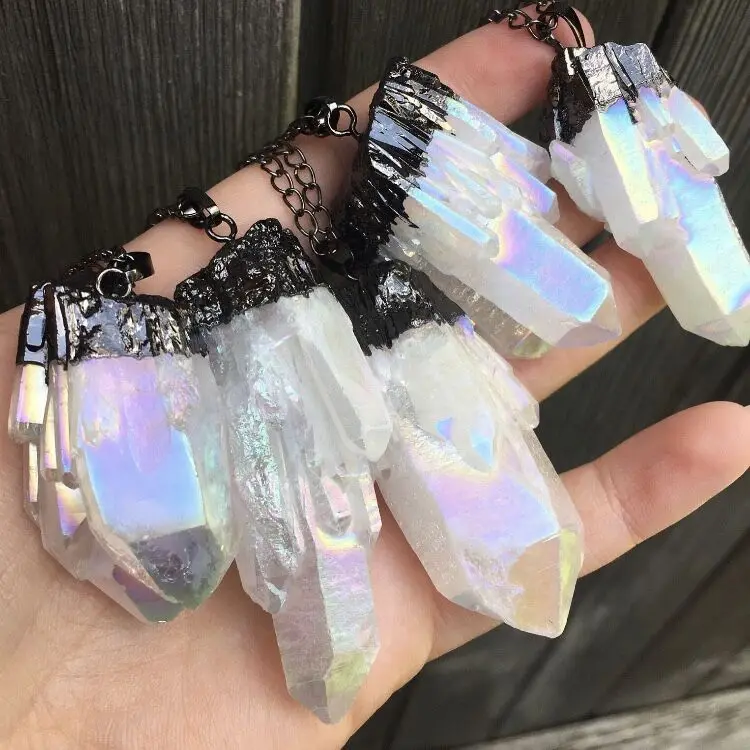

BD-E2135 Midnight Angel Aura Pastel Crystal Necklace Quartz Cluster Point Raw Rough Dipped BlackGunmetal Rainbow Chunky Necklace