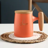 

orange porcelain mug with lid and spoon wooden handle for house gift cappuccino latte espresso restaurant office