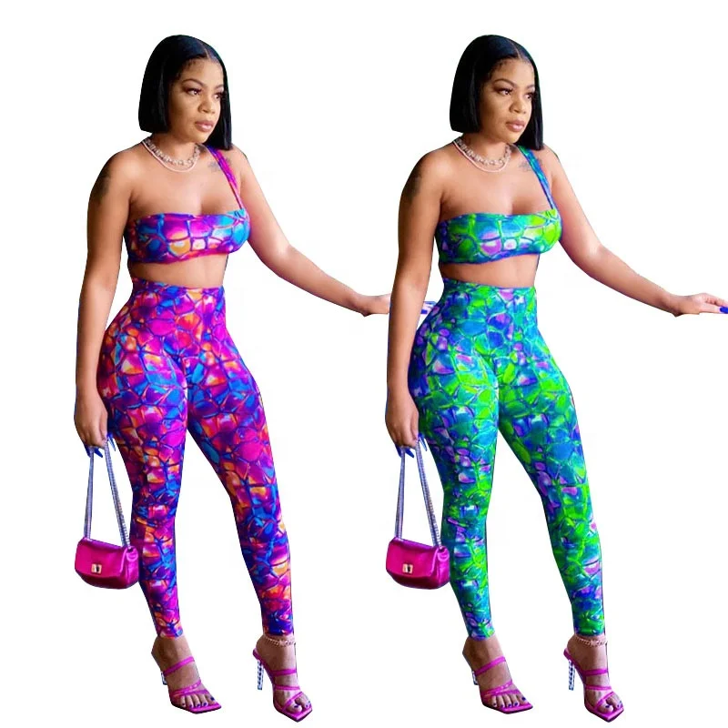 

YD - NS8037 in stock women one shoulder crop tops pants set 2021 sexy printed two piece pants set