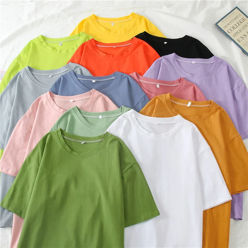 

2021 Spring Summer Women Candy T-shirt Oversize Boyfriend Style Tops Perfect Basic Tees Render Unlined Upper Garment