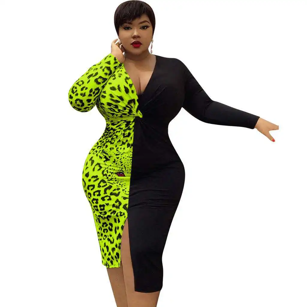 

2021 Hot Selling Summer Slim Fit V-neck Women Stitching Plus Size Dress Sexy Leopard Print Party Hollow Dress, 3colors