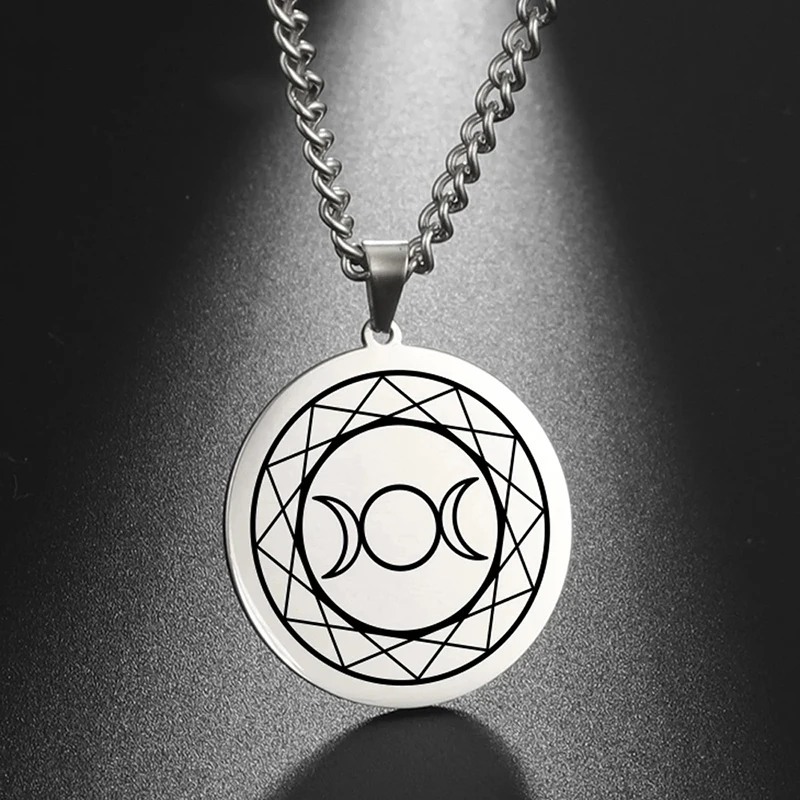 

Men Viking Triple Moon Goddess Necklace Black Laser Printed Wicca Stainless Steel Jewelry Pendant Necklace 18K Gold Plated, Steel color,can custom color