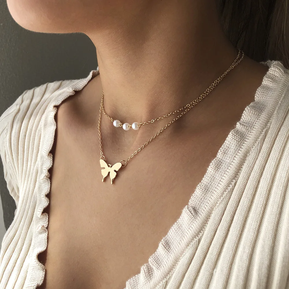 

Lowest Price Double Layer Necklace Butterfly+Pearl Necklace Pendant Gold Chain Choker Necklaces