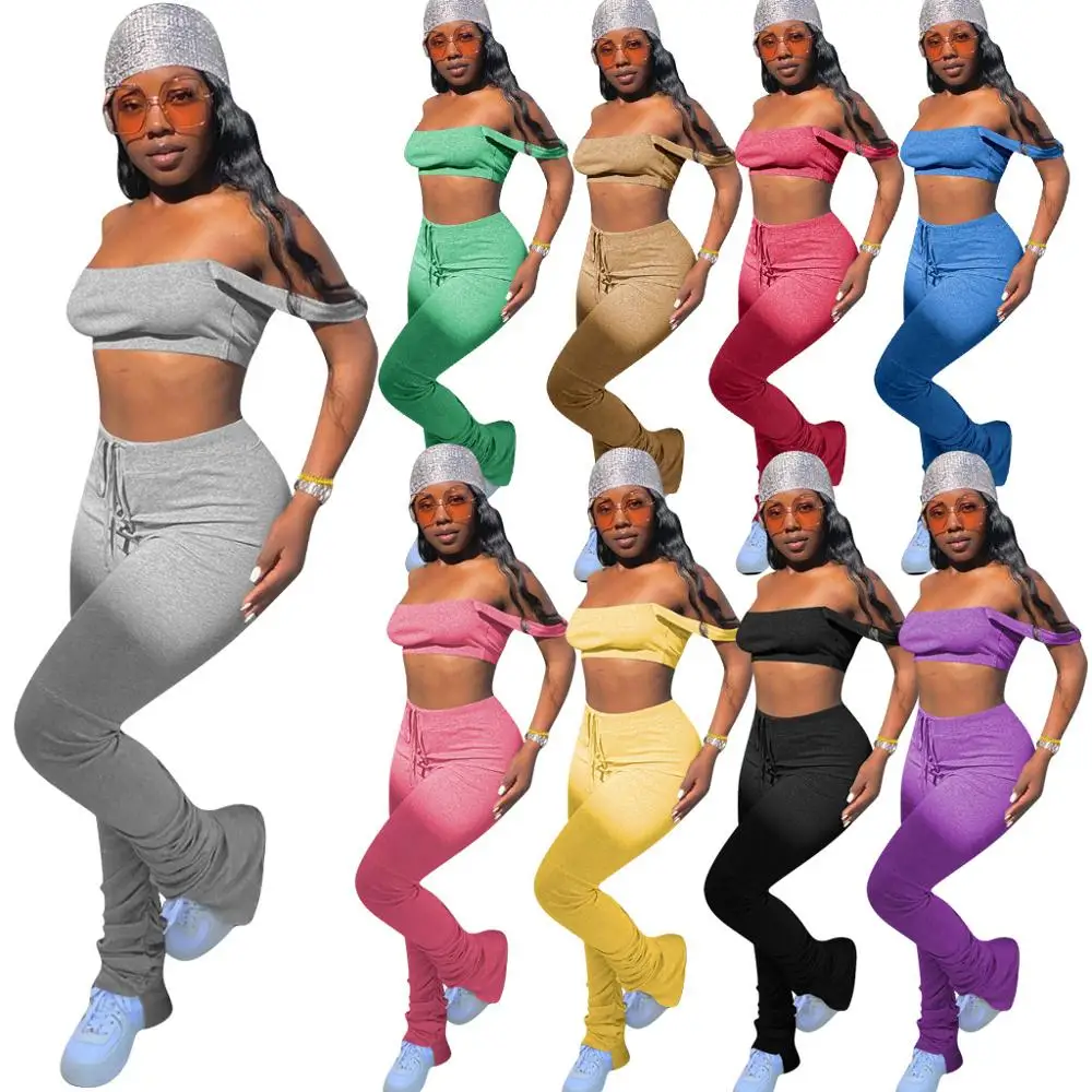 

Summer clothing new arrivals women solid stacked pants legging sweat pants 2 Piece Set, Picture