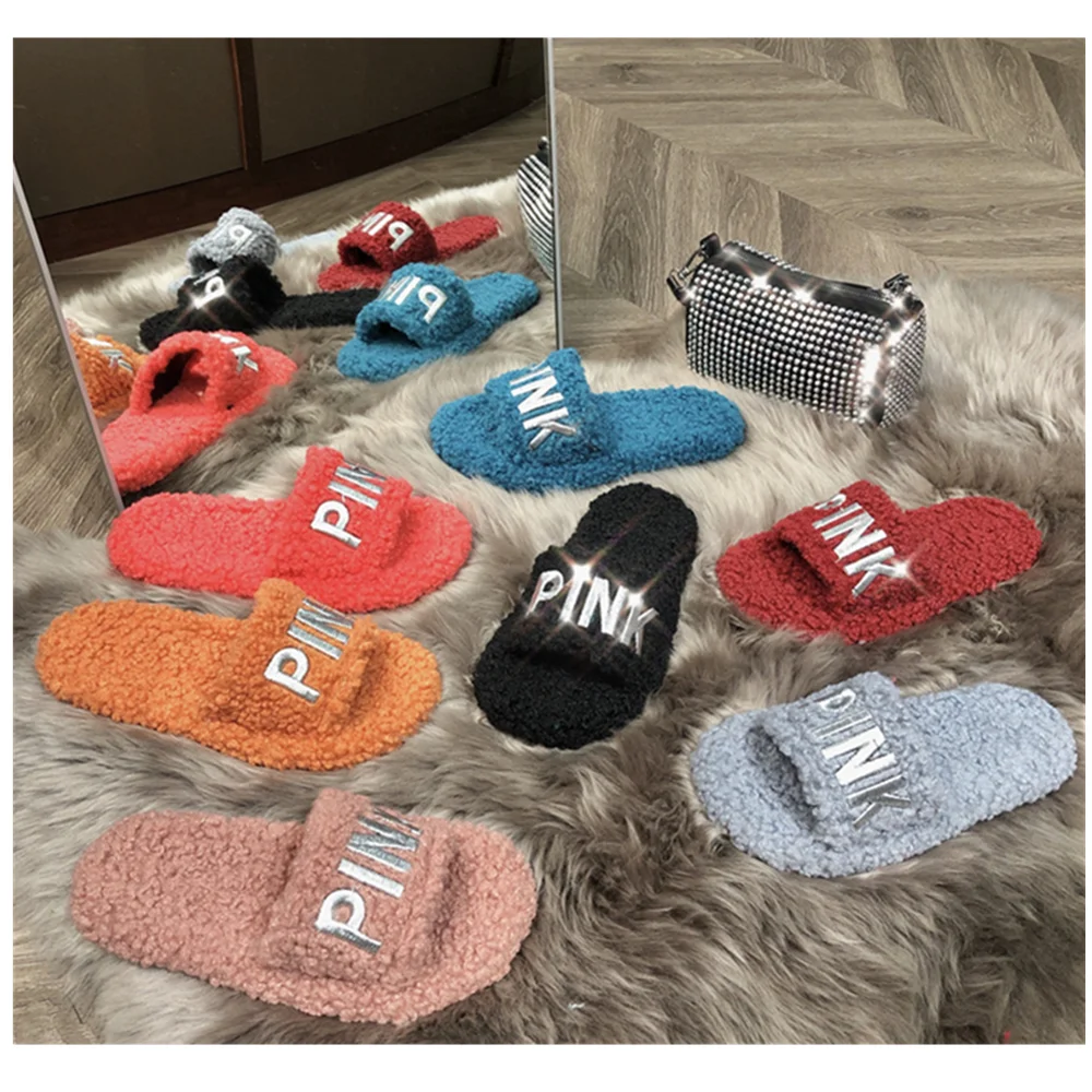 

2022 Fashion Designer Outdoor House Bedroom Indoor Pink Fuzzy Plush Ladies Furry Slippers for Women