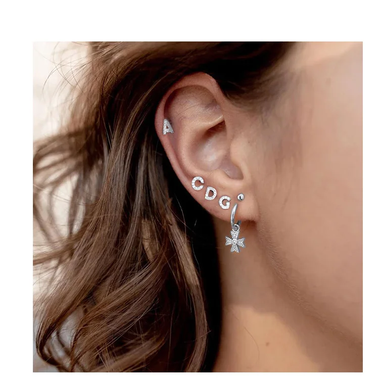 

New Fashion trendy style 925 sterling silver letter rhinestone women earrings studs men