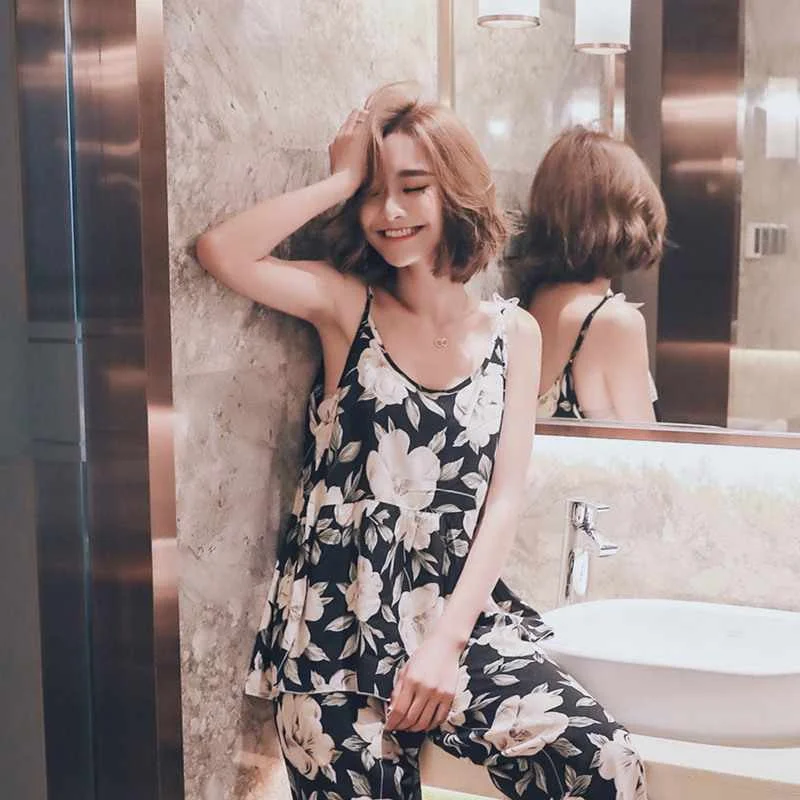 

Summer new ladies sleeveless trousers cotton silk sleepwear suit flower printing comfortable casual floral sleepwear home servic