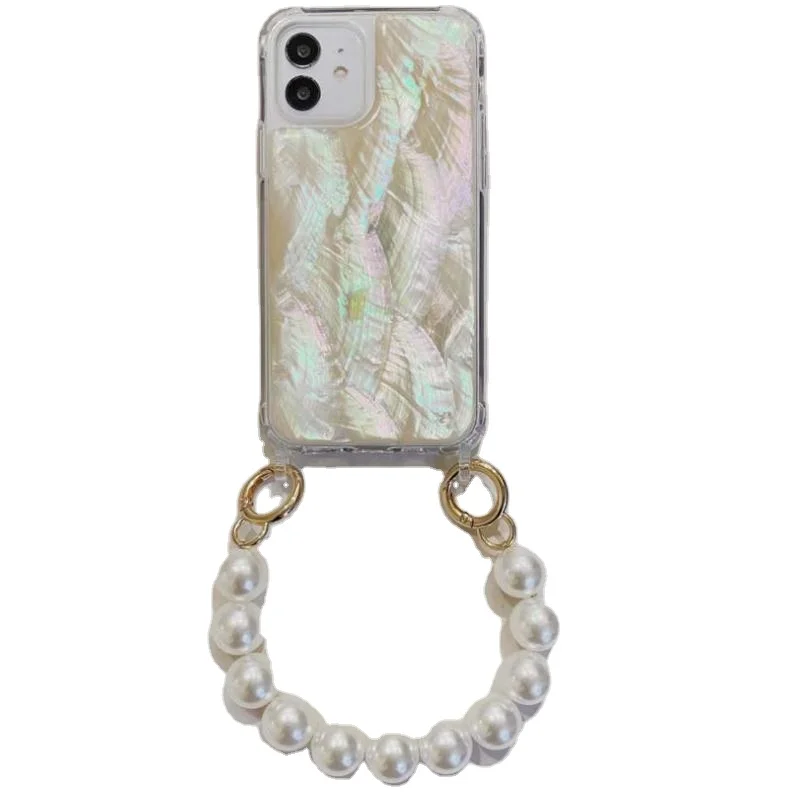 

Korean Smooth Conch Pearl bracelet Chain Wrist strap Soft Phone Case with Ring, White color