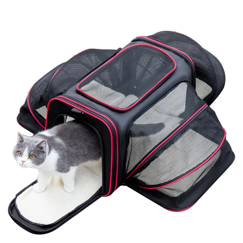 

Soft Sided Pet Travel Carrier Bag 4 Sides Expandable Collapsible Cat Carrier with Pockets & Removable Fleece Pad