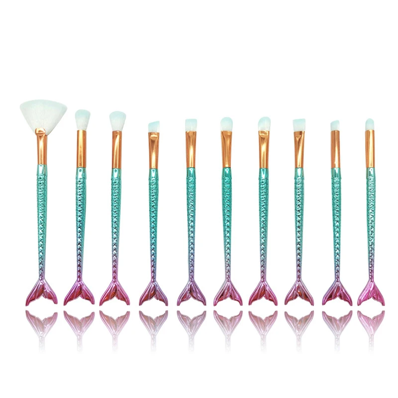 

2021 new design OEM ODM 10pcs unique rhinestone mermaid makeup brush set, Pink/white/blue/purple/dark blue/wine red