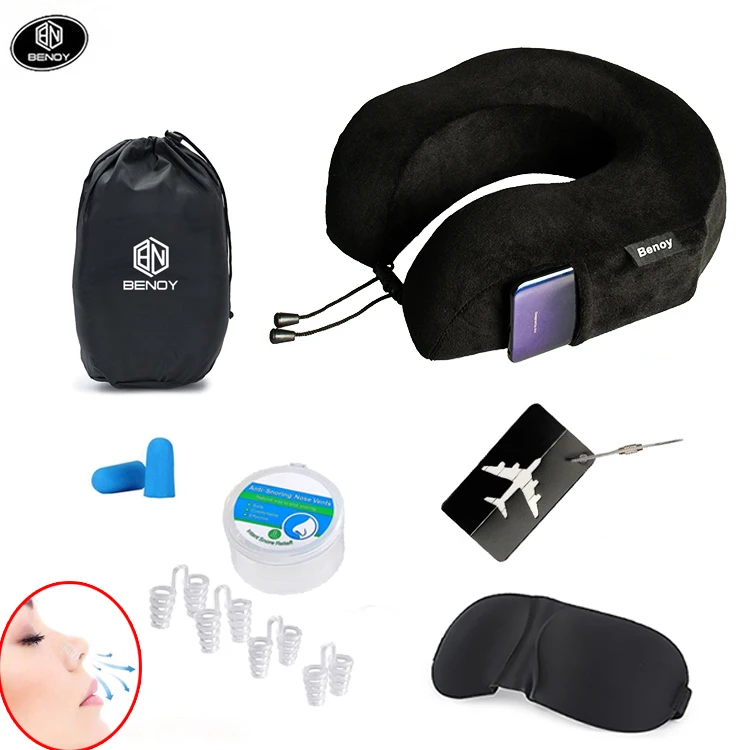 

Best selling Amazon good quality airplane memory foam neck pillow travel set kit with eye mask ear plugs luggage tag, Customized