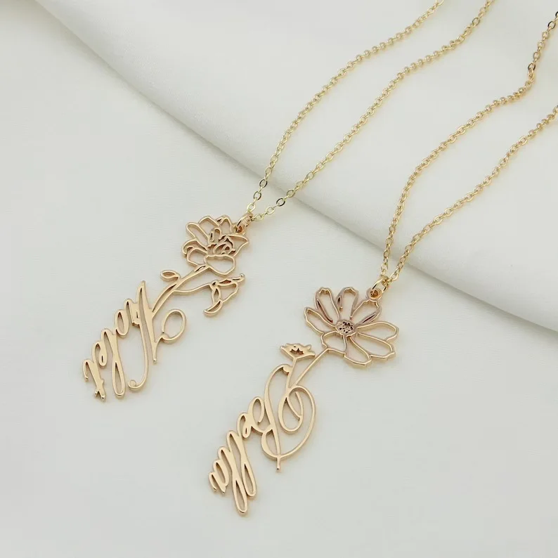

Shangjie OEM custom name flower necklace gold plated birthday stainless steel necklace, Gold/silver/rose gold