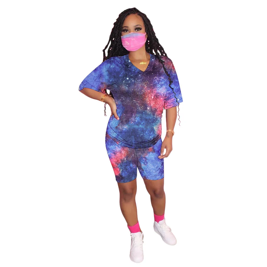 

New Hot Sale Tie-dye V-neck Casual Fashion Home Sports Shorts Suit, Pink, orange, blue orange, multicolor, strips
